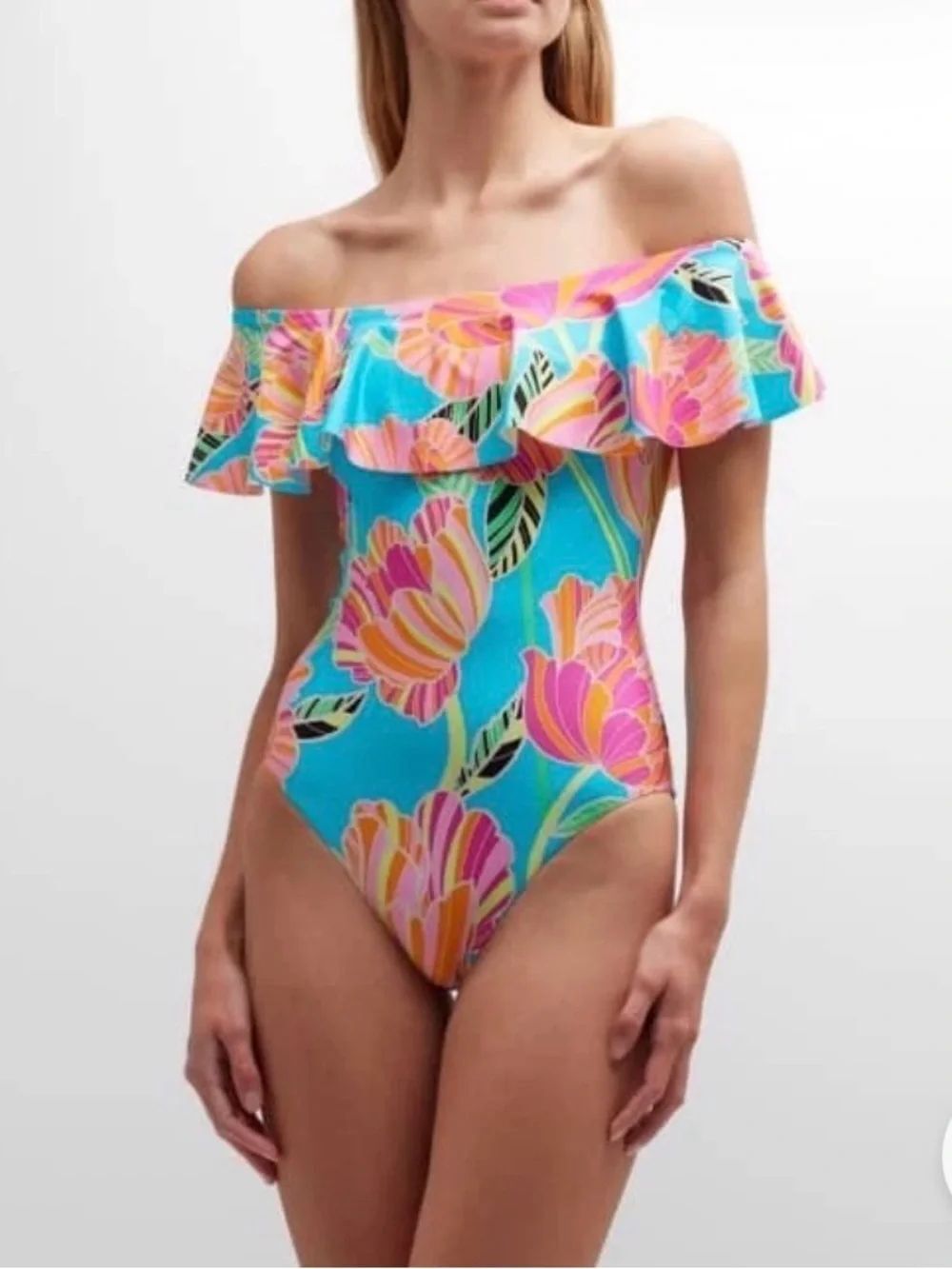 Trina Turk Poppy Ruffle Bandeau One Piece Swim Sit 10